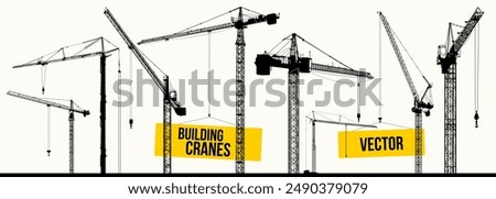 Construction cranes, detailed black silhouettes of cranes for construction of houses and structures. Set of vector illustration with building cranes isolated. Collection black building cranes.