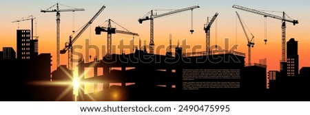 Vector with house building at orange sunset. Construction site with a tower cranes. Construction of business centers, shopping centers, residential buildings. Panoramic view of the construction site.