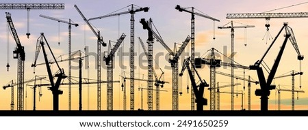 Big set of Tower construction crane. Vector with building cranes, isolated on sunset sky background. Collection of Construction black silhouettes site line sketch, hand drawn, vector.