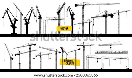 Set of tower construction crane. Silhouette black crane working building. Illustration with building cranes isolated on white background. Collection of vector line art. Elevating Construction Crane.