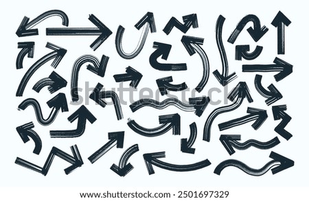 Big set of black brush, marker drawn bold arrows. Collection of grunge hand drawn doodle thick arrows in different directions. Isolated black vector arrows charcoal arrows, direction pointers icons.