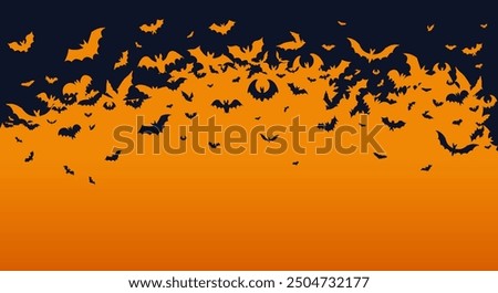 Halloween banner, poster with black bats on the orange background. Template vector Illustration for text. Halloween background with swarm of bats on orange sky. Pattern, background of halloween bat.