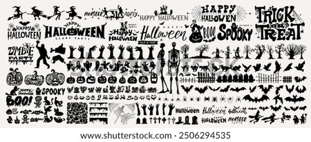 Big collection of silhouettes of Halloween. Horror set of Halloween sticker sketch set. Hand drawn doodle. Set of halloween and magic elements. Vector element Logo, Pumpkins, ghosts, skull, black cats