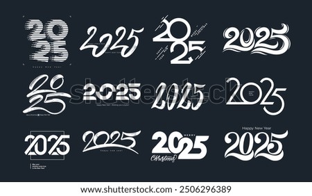 Big Set of 2025 white number design template. The numbers are hand drawn with a brush. Template 2025 New Year logo text design. Design 2025 Happy New Year. Vector illustration.