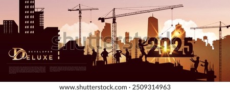 Large construction site, many construction cranes set numbers 2025. Black silhouette staff works as a to prepare to welcome the new year. Construction team sets numbers for New Year 2025. Vector.