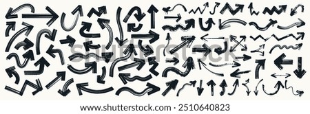 Big set of chalk pencil, brush stroke arrows. Template grunge texture chalk pointers, hand drawn black abstract shapes of different sizes. Collection of rough charcoal arrows flat vector illustration.