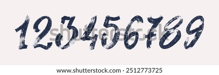 Set of brush stroke, marker textured numbers. Numbers 1, 2, 3, 4, 5, 6, 7, 8, 9, 0. Stylish hand draw brush painted numbers set. Bold brush drawn grunge. Dirty texture vector. Rough brush strokes.