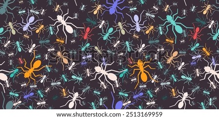 Ant monochrome seamless pattern vector illustration. Colored little ants on black background of the random silhouette colorful ants. Template texture for you design. Vector illustration.