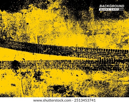 Yellow background with tire wheel vector marks of cars. Template vector illustration for you design. Auto tire tread grunge element. Car tire pattern, wheel tyre tread track. Black tyre print.