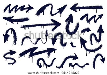 Set of Graffiti arrows with overspray in black over white. Spray graffiti splash arrow. Vector hand writing black stain splash, dirty messy airy ink stroke, circles.