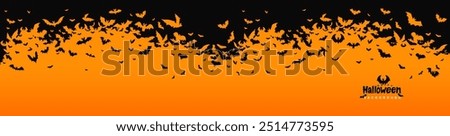 Halloween banner, horizontal big background with bats on the orange. Template vector Illustration for text. Halloween background with swarm of bats on orange sky. Pattern, background of halloween bat.