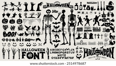 Big Collection of Halloween vector black silhouettes. Hand draw haunted house, creepy tree, crow, skeleton, pumpkins, halloween ghost, flying witch, zombie, owl, tombstone fence, witch's broom, coffin