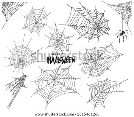 Set of Halloween spider web isolated on transparent background. Spider web line art vector. Web spider vector illustration. Outline illustration of spider web cobweb vector icons for Halloween