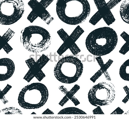 Seamless pattern XOXO black and white. Pattern abstract black XOXO background with tic tac toe. Vector bold brush drawn crosses, circles bright banner. Texture brush with symbols of zero and crosses.