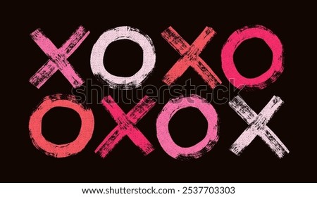 Set of Xo xo symbols vector. Happy Valentine day romantic element. Merry Christmas. Hand draw brush stroke white snow letters. Holiday wrapping vector signs with text.