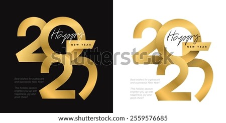 2025 Happy New Year gold numbers logo text design. 2025 of gold yellow isolated numbers. Bright metallic 3D, realistic vector design elements. Golden Christmas numbers 2025 logo.