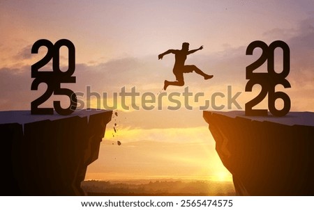 Welcome Merry Christmas and Happy New Year in 2026, Vector silhouette man jumping from 2025 cliff to 2026 cliff with cloudy sky and sunlight. Vector illustration isolated on white background