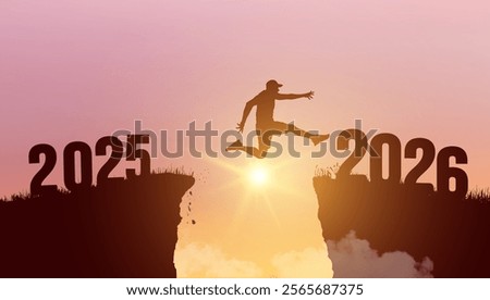 Man silhouette jumping on cliff 2026 over the precipice with stones at amazing sunset. New Year vector. Welcome 2026. 2026 falls into the abyss. Vector people entered the year 2026, creative idea.