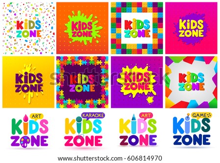 Kids Zone banner design big set. Children Playground. Colorful logos. Vector illustration. Isolated on white background.