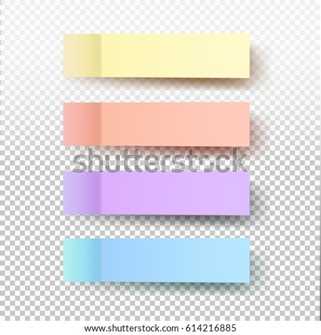 Set of office paper sheets or sticky stickers with shadow isolated on a transparent background. Vector colorful notes for your design