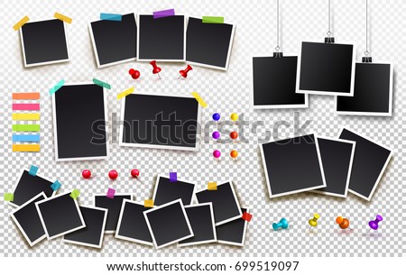 Set of square photo frames on sticky tape, pins and rivets. Template photo design. Vector illustration. Isolated on transparent background