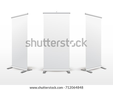 Set of roll up banner stand. Flip Chart for training or promotional presentation. Design template blank pop up banner display template for designers. Vector illustration. Isolated on white background.