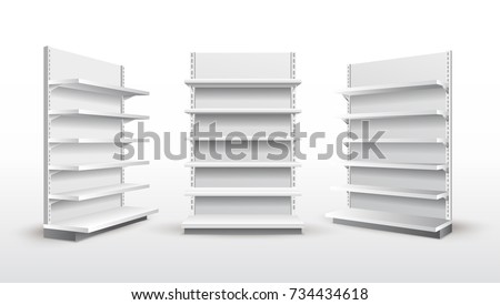 Set of white empty store shelves. Retail shelf rack. Showcase display. Mockup template ready for your design. Vector illustration. Isolated on white background