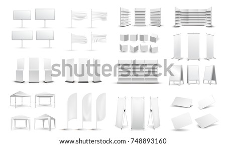 A large set of empty promotional media. Billboards, business cards, tents, stands, white empty store shelves. Graphic concept for your design. Vector illustration. Isolated on white background