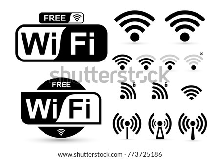 Set of free WiFi and zone sign. Remote access and radio waves communication symbols. Vector illustration. Isolated on white background