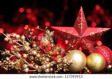 Christmas balls and star on abstract lights background,Shallow Dof.