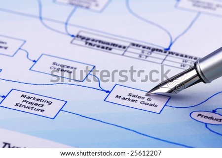 analyzing  business flow chart,pen showing 
