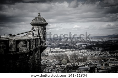 Scotland, Edinburgh Castle, Panorama of Edinburgh on the background of One O\'Clock Gun