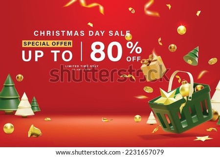 Christmas day sale and Happy New Year  background. 3d Realistic background with shopping cart, candy cane, bell, gift, light and Christmas tree.