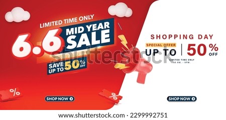 6.6 Mid year sale banner with 3D Sale element are available for use on online shopping websites or in social media advertising.