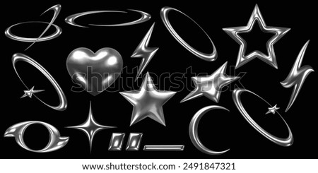 A collection of 3D metallic shapes on a black background, including stars, hearts, lightning bolts, swooshes, circles, and a crescent moon.