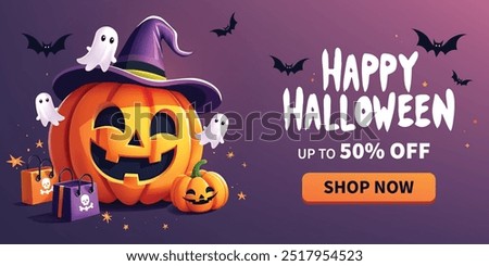 Halloween sale banner template, Perfect for promoting a sale with discounts up to 50% off. It is ideal for Halloween promotions, online stores, or social media marketing during the Halloween season.