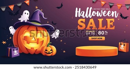 Halloween sale banner template, Perfect for promoting a sale with discounts up to 80% off. It is ideal for Halloween promotions, online stores, or social media marketing during the Halloween season.