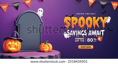 Halloween sale banner template, Perfect for promoting a sale with discounts up to 80% off. Ideal for Halloween promotions, online stores, or social media marketing during the Halloween season.