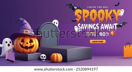 Halloween sale banner template, Perfect for promoting a sale with discounts up to 80% off. Ideal for Halloween promotions, online stores, or social media marketing during the Halloween season.