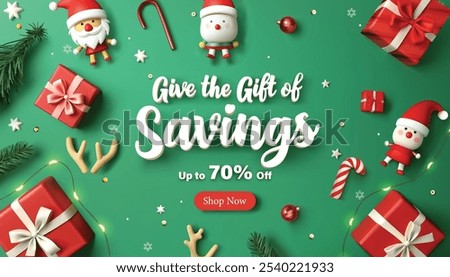 Christmas sale banner or background for social media website online advertising, Give the gift of savings this Christmas! Enjoy up to 70% off on holiday gifts.