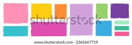 Colorful vector set with various doodle rectangular shapes with rough edges, graphic element for kids designs, backgrounds, borders and frames