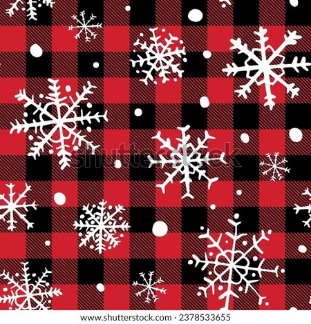 Cute red and black buffalo plaid Lumberjack snowflake seamless pattern, Christmas vector background