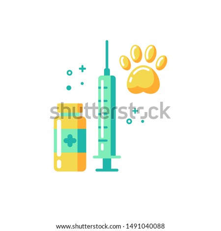 Pet animals vaccination icon in flat style. Cat and dog vaccine injection symbol with syringe, vial and paw for web, mobile, sites, apps.