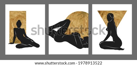 Gold and black women wall art, vector set. Boho silhouette art drawing with abstract shape. Abstract body Art design for print, cover, wallpaper, Minimal wall art.