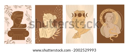 Set of four vertical background for social network, mobile app design template, social media post. Antique sculpture, abstract shapes and plants. Editable vector illustration. Stok fotoğraf © 