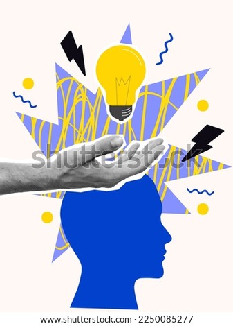 Creative mind or brainstorm or creative idea concept with abstract human head silhouette and hand holding bulb lamp surrounded abstract geometric shapes in bright colors. Vector illustration	