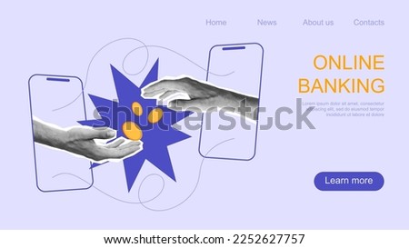 Online payment on online money or cryptocurrency transfer or currency exchange concept with two hands coming out of smartphone pass each other a golden coin. Minimalistic collage vector illustration