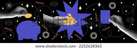 Contemporary collage with hands and a laptop and money and abstract shapes. Banner of financial planning. Vector art