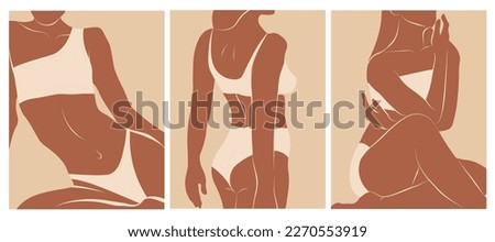  Beautiful set woman body silhouette art, beauty sketch figure girl in underwear or swimsuit beige color. Minimalist female figure. Abstract art. Vector illustration