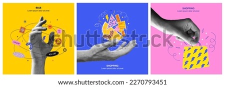  Shop online or delivery service banner concept in bright trendy colors with collage hands holding shopping bags and cart. Sale banner concept. Vector illustration